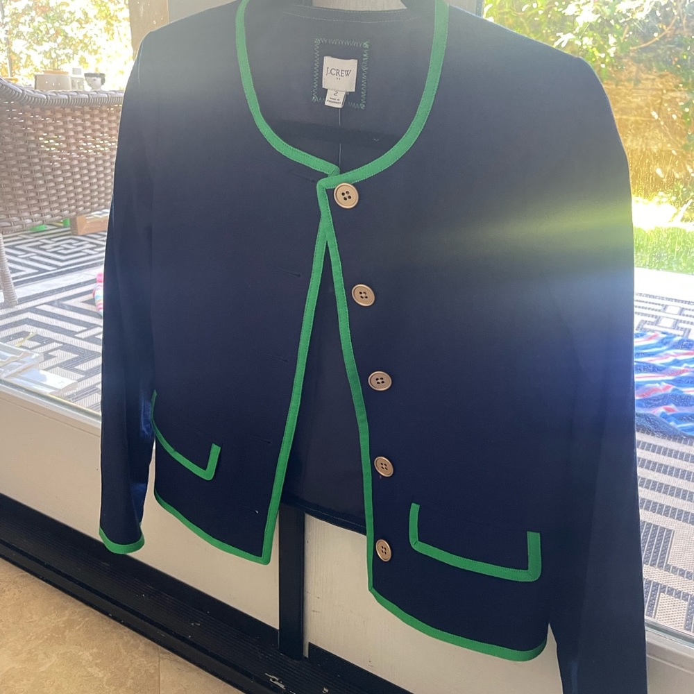 Jcrew navy green piping blazer NWT